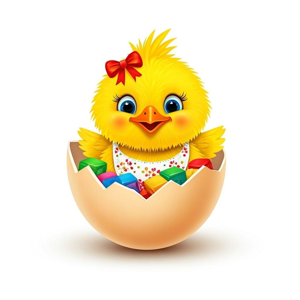 Smiling Chick with Ribbon Inside Eggshell