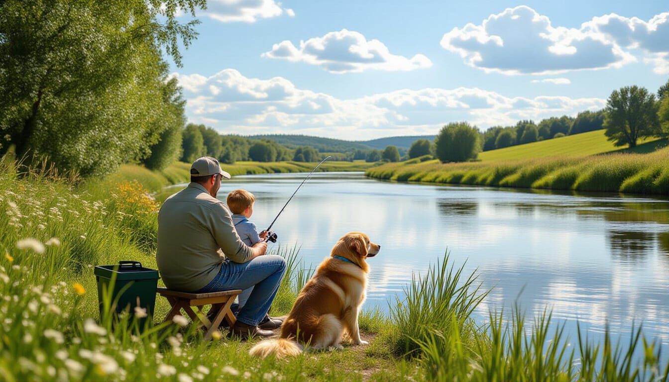 Father and Son Fishing by River