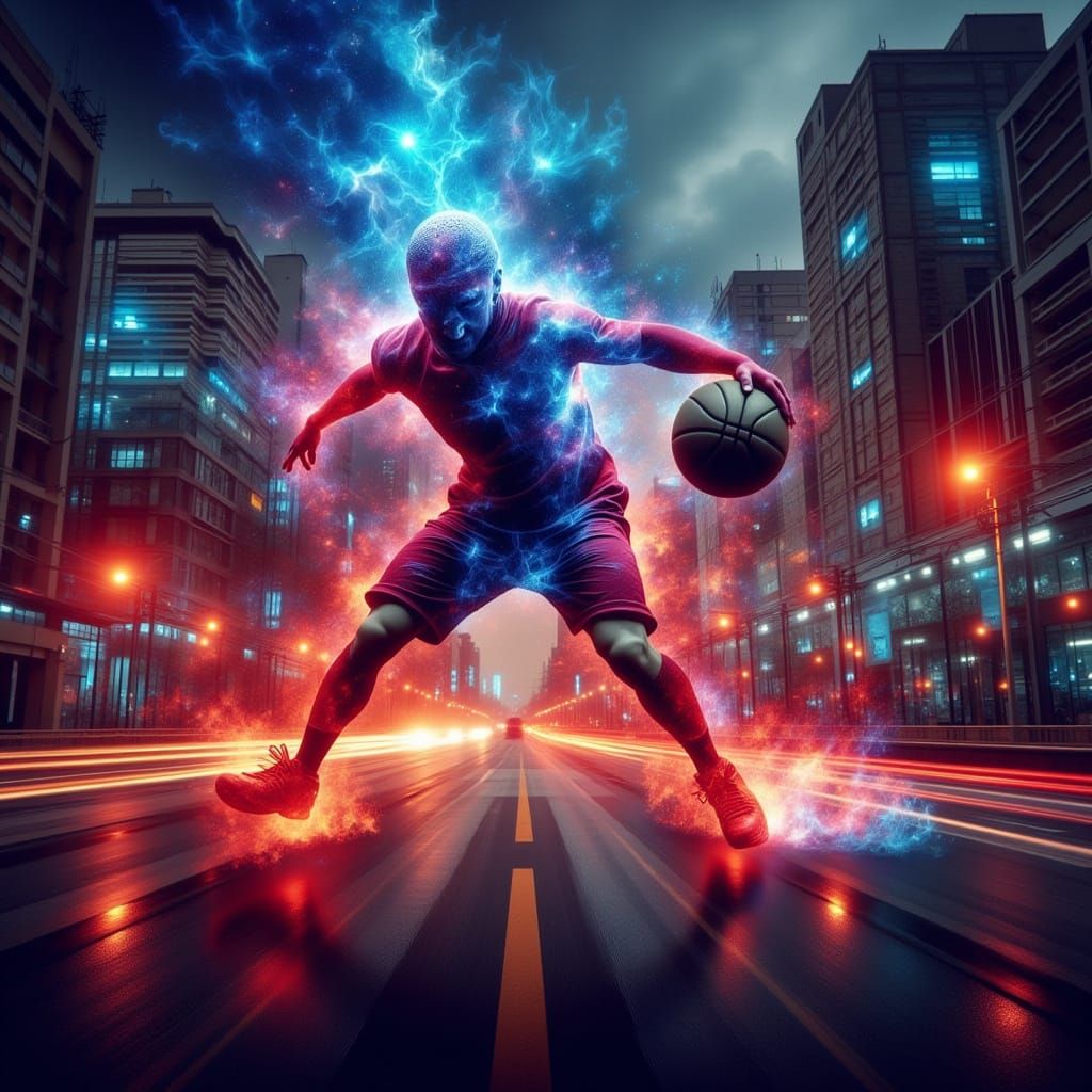 Low Poly Basketball Player in Double Exposure Street Art