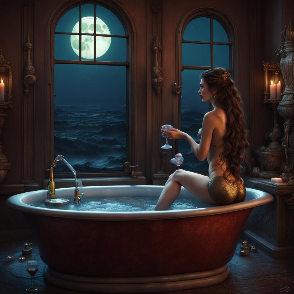 Mermaid in Jacuzzi Bathtub: Fantastical Digital Art