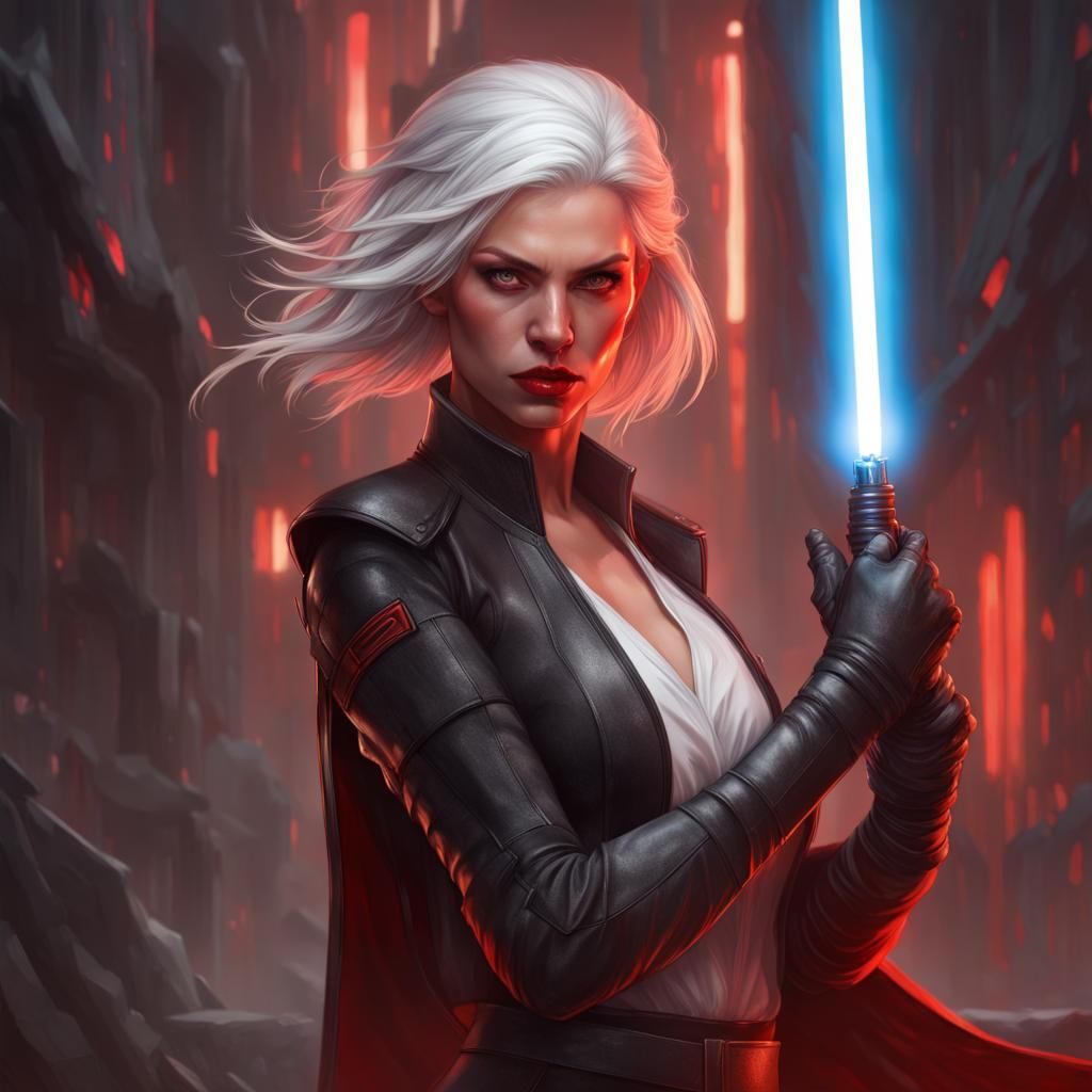 Woman with Red Lightsaber in Detailed Portrait