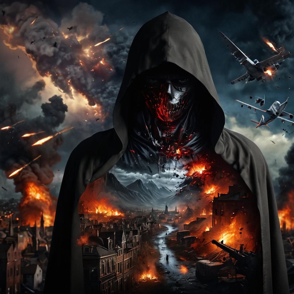 Hyperrealistic Shadowy Figure Reveals War Landscape