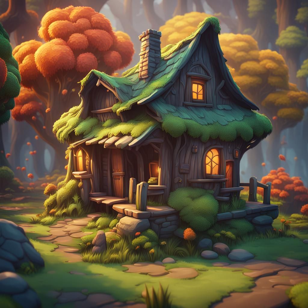 Stylized Game Asset: House and Trees in Fantasy Art