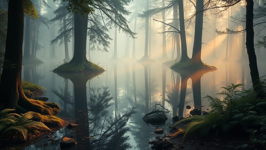 Nature's Serene Reflections in Futuristic Harmony