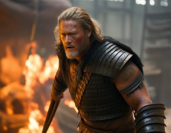 Travis Fimmel as handsome beat-up dirty worn rugged bleeding fearless bruised and tired muscular Ragnar war fight scene