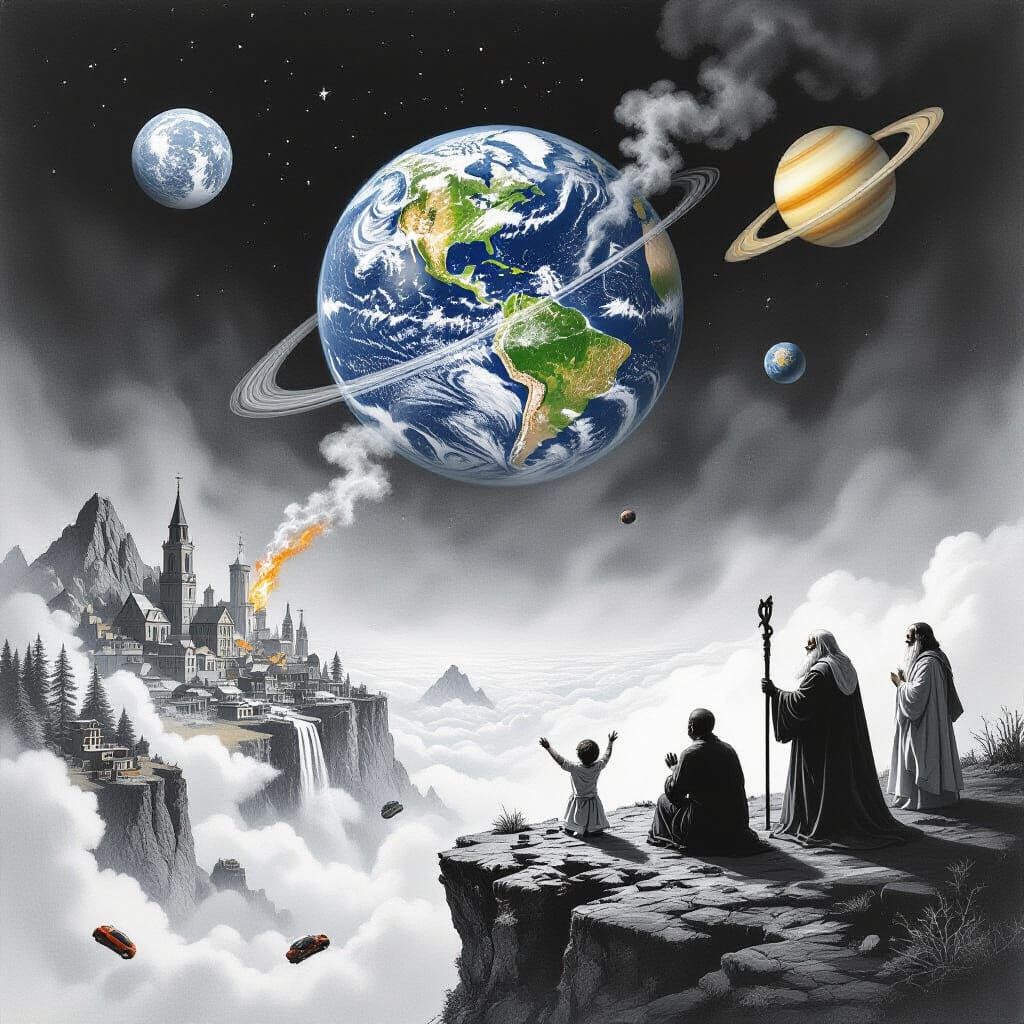 Earth's Destruction in Space: A Charcoal Drawing