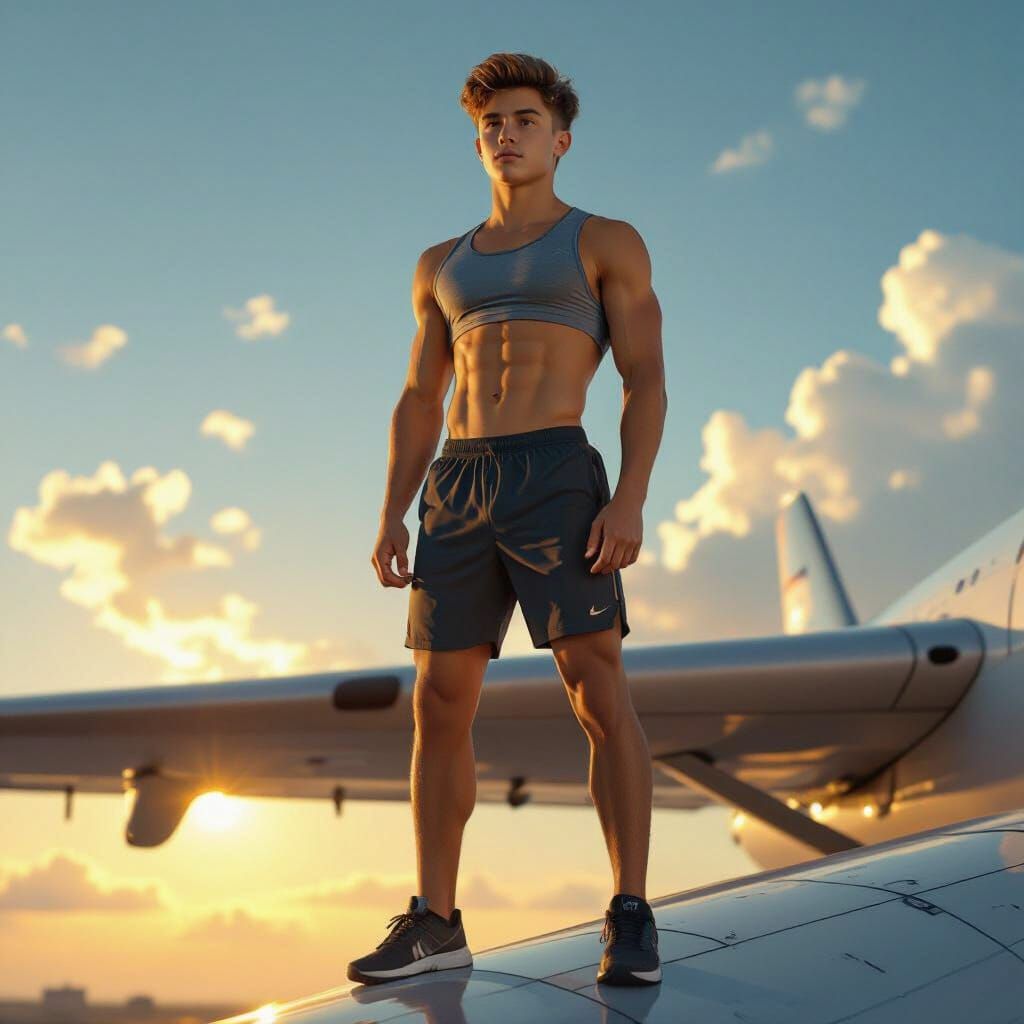 Muscular Teenager Poses on Airplane Wing at Golden Hour
