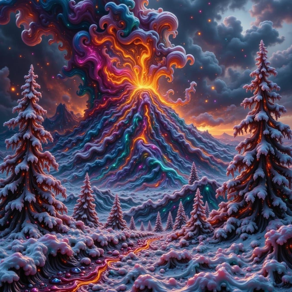 Volcano Eruption in Snow Landscape, Painterly Style