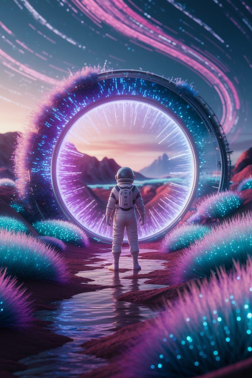Astronaut's Discovery: Shimmering Portal on Alien Planet