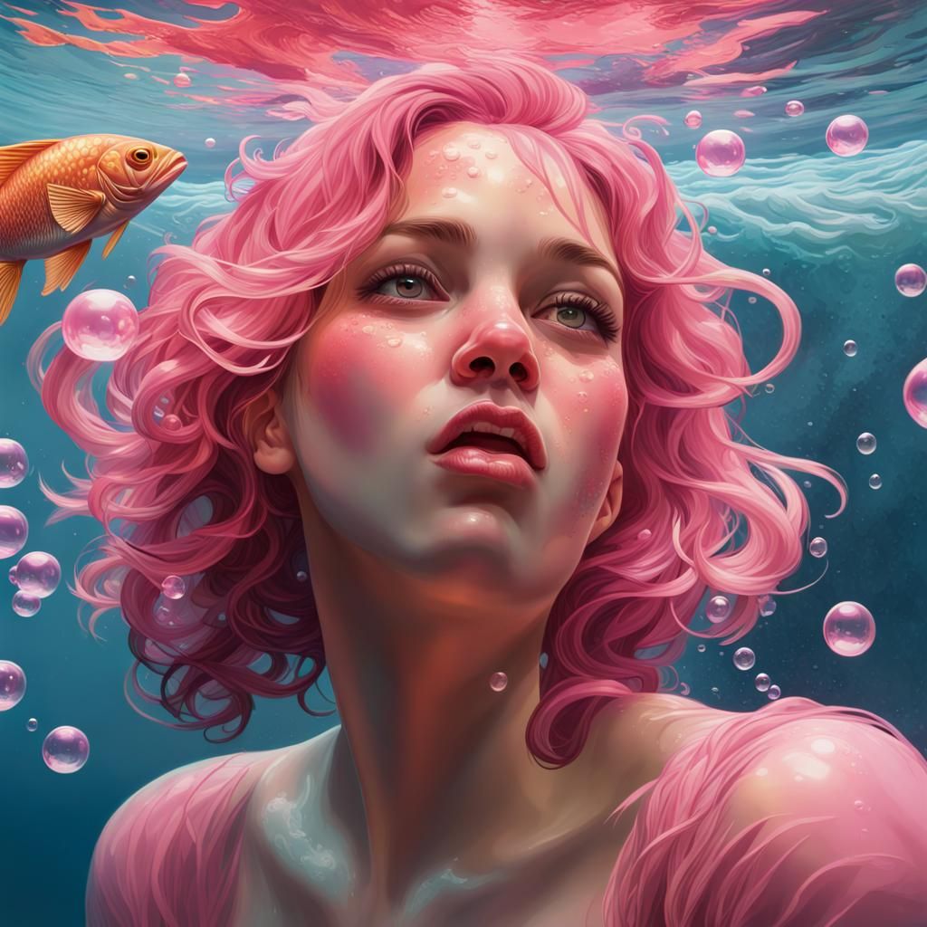 Pink Bubbles and Fish in Hyperrealistic Splash Art