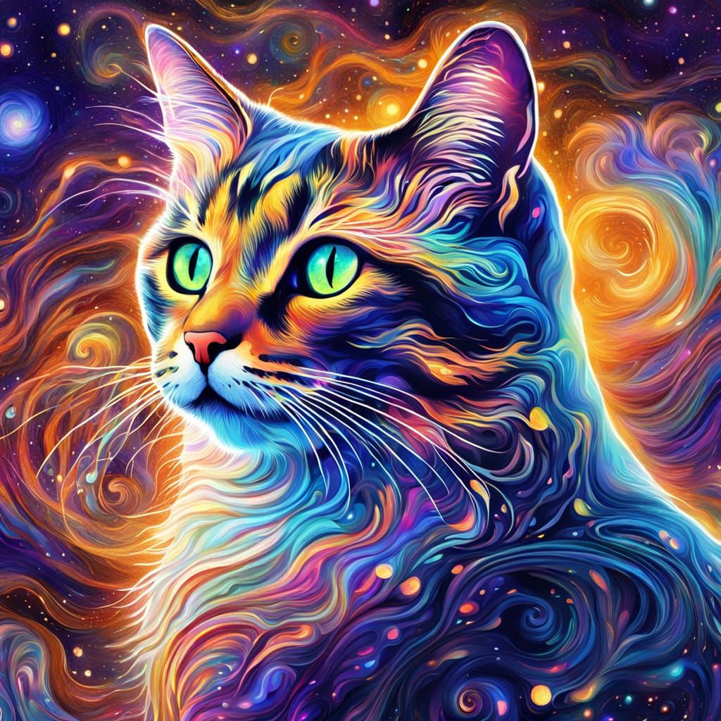 Mesmerizing Cosmic Calico Cat Portrait in Astral Art