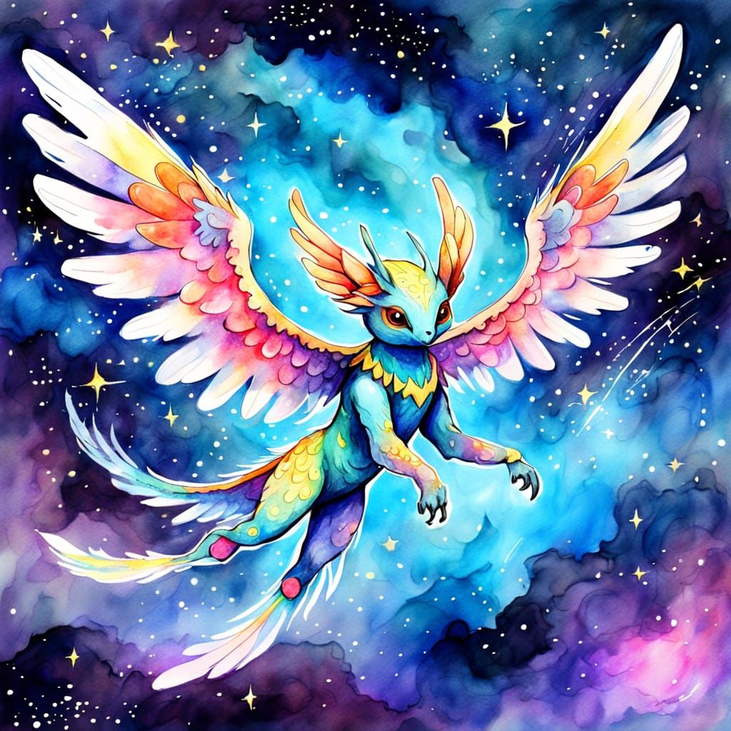 Winged Fantasy Creature in a Vibrant Nebula