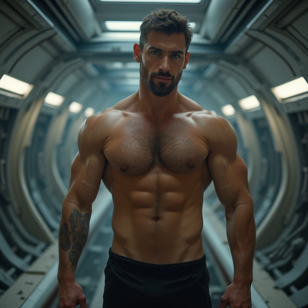Seductive Muscular Man Posing on Futuristic Space Station