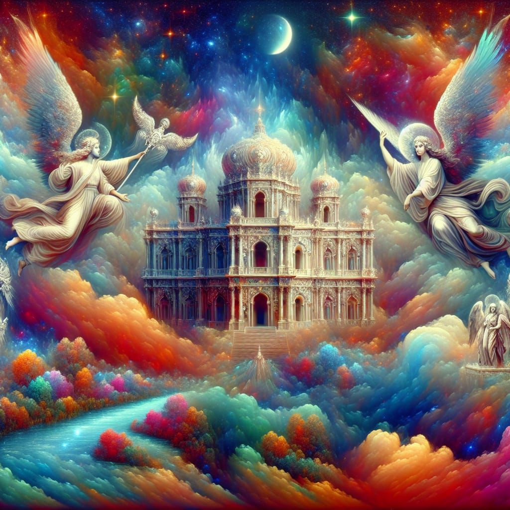 Angels Guarding a Celestial Palace in the Clouds