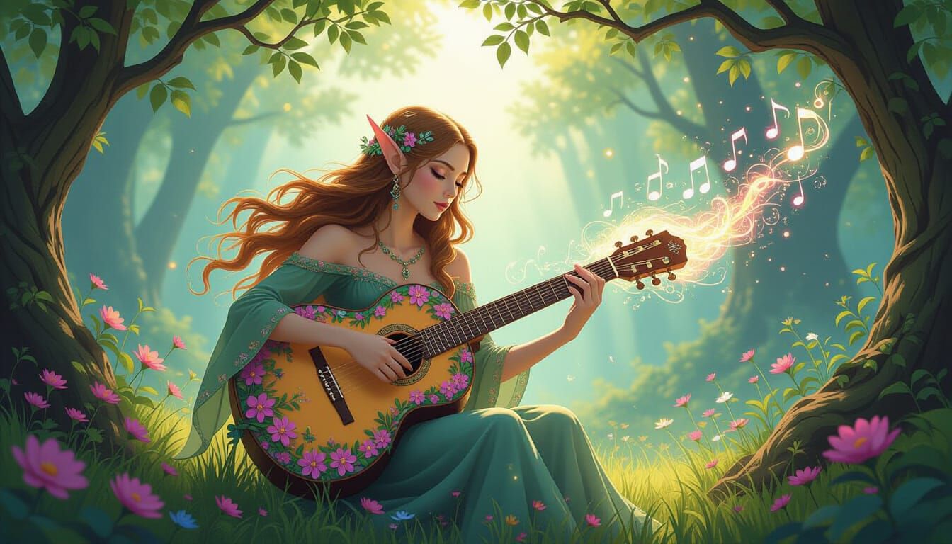 Ethereal Elf Musician Plays Magical Guitar in Enchanted Fore...