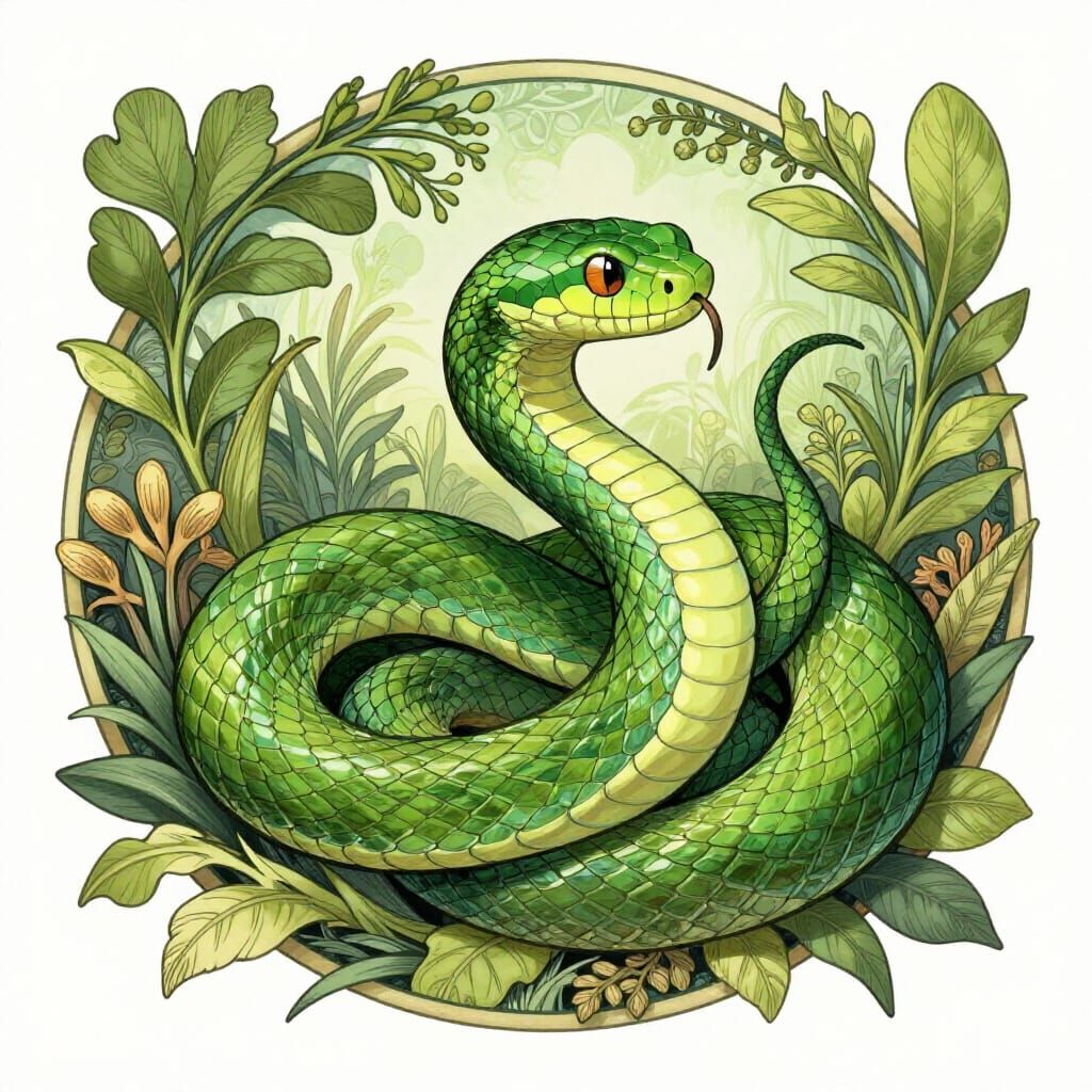 Emerald Snake in Botanical Frame