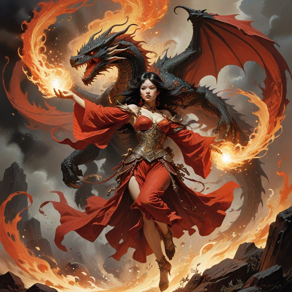 Mystical Wizardess Battles Dragons in a Swirling Vortex of F...