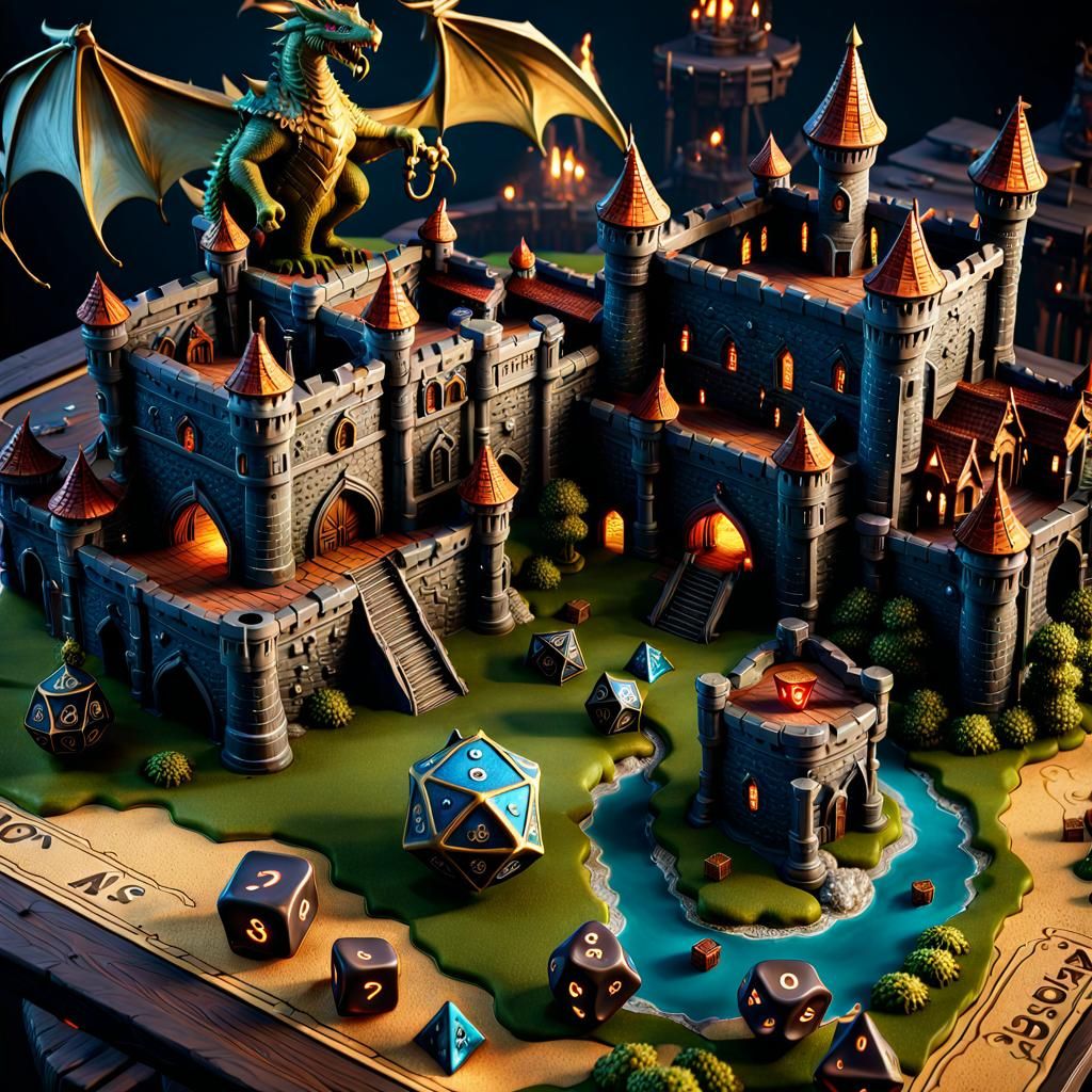 D&D Tabletop Game with Miniatures in Detailed Matte Painting