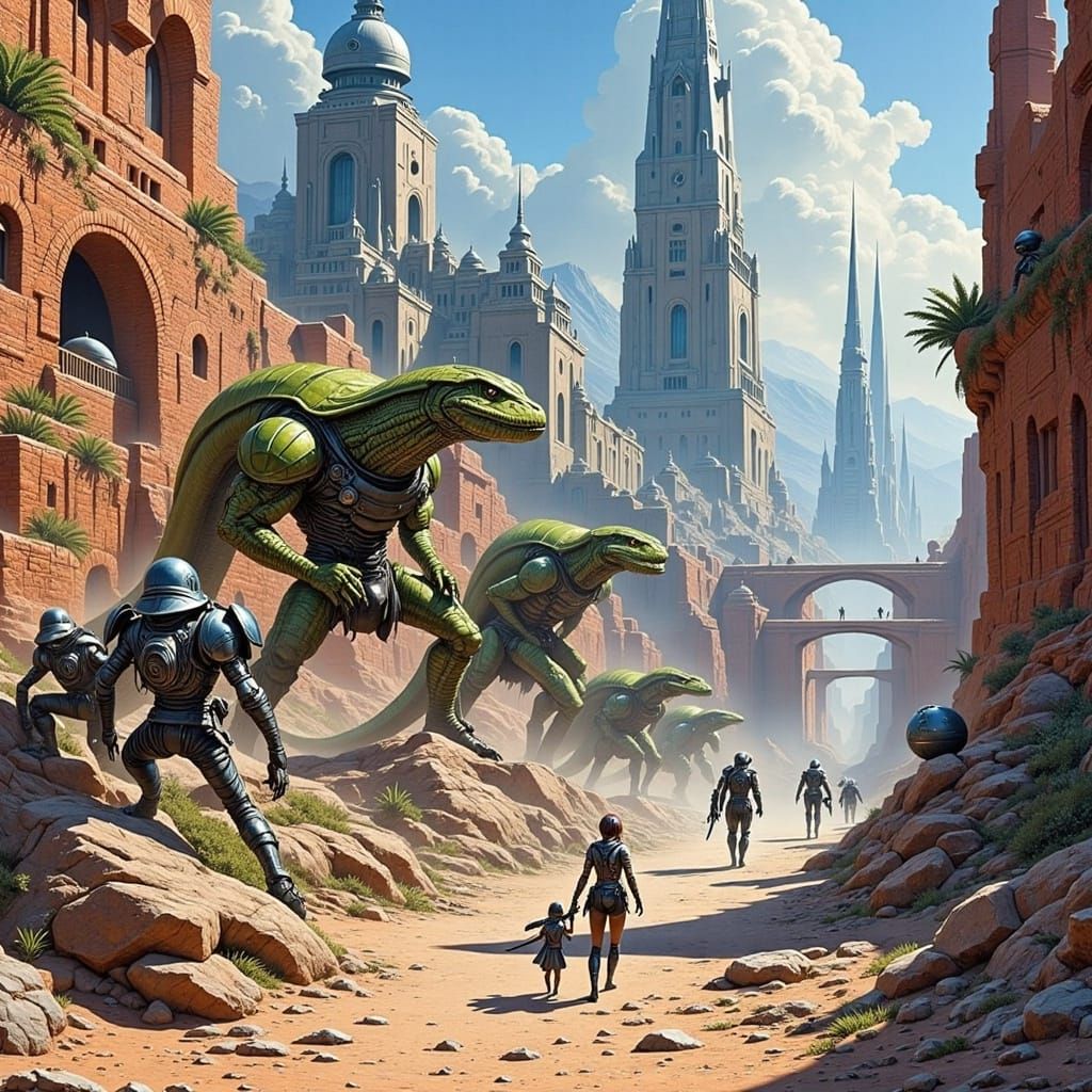 Lizard Warriors Conquer Retro Futuristic Citadel