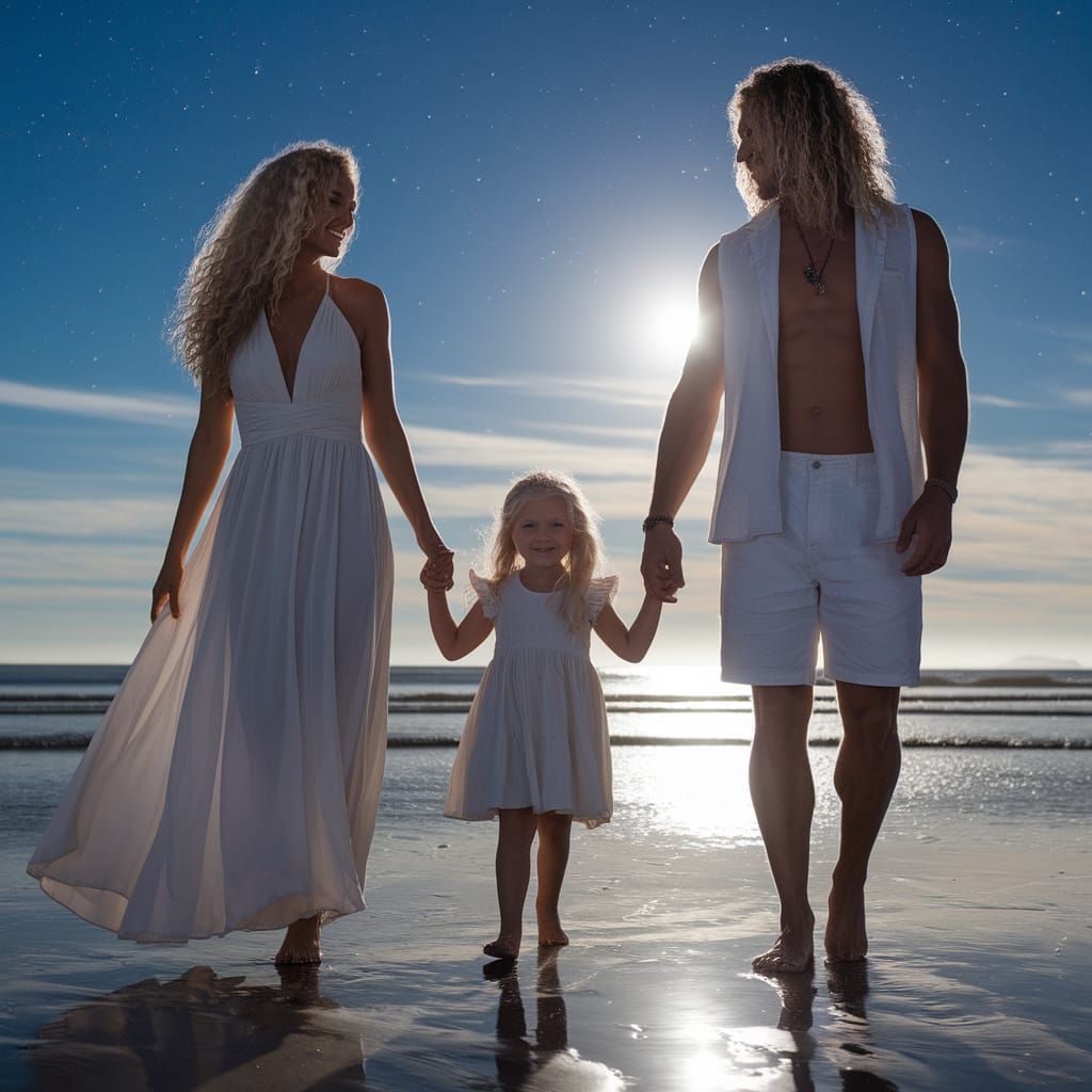 Family Stroll on Moonlit Beach at Sunset