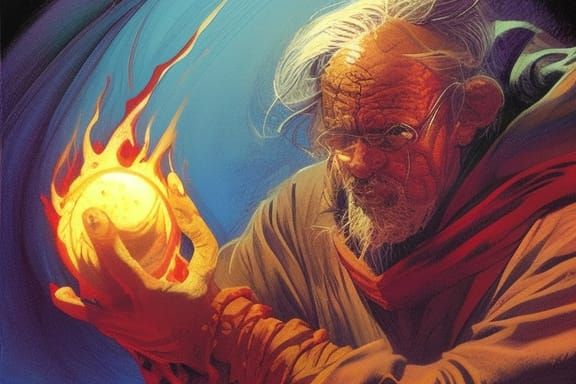 Wizard Juggling Elements in Fantasy Art Style
