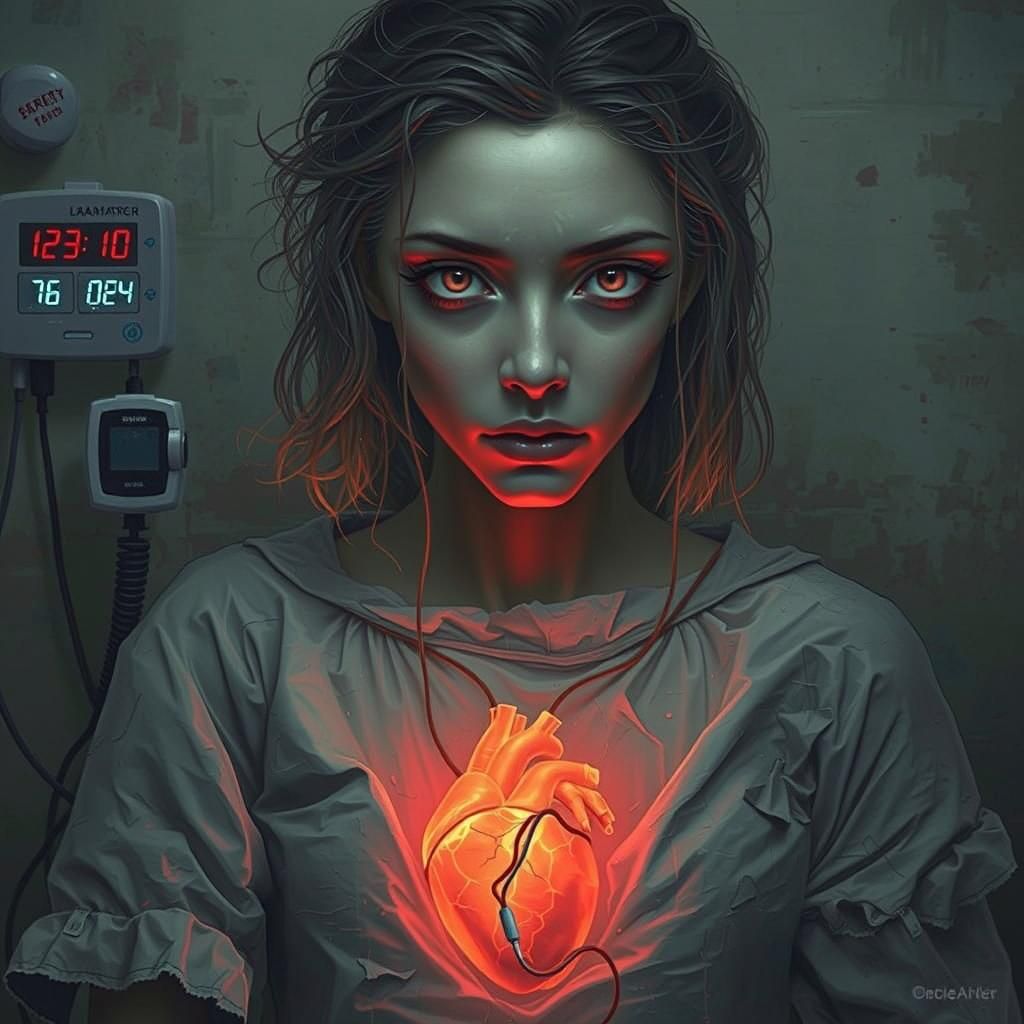 Poignant Woman with Glowing Heart in Beksiński Style