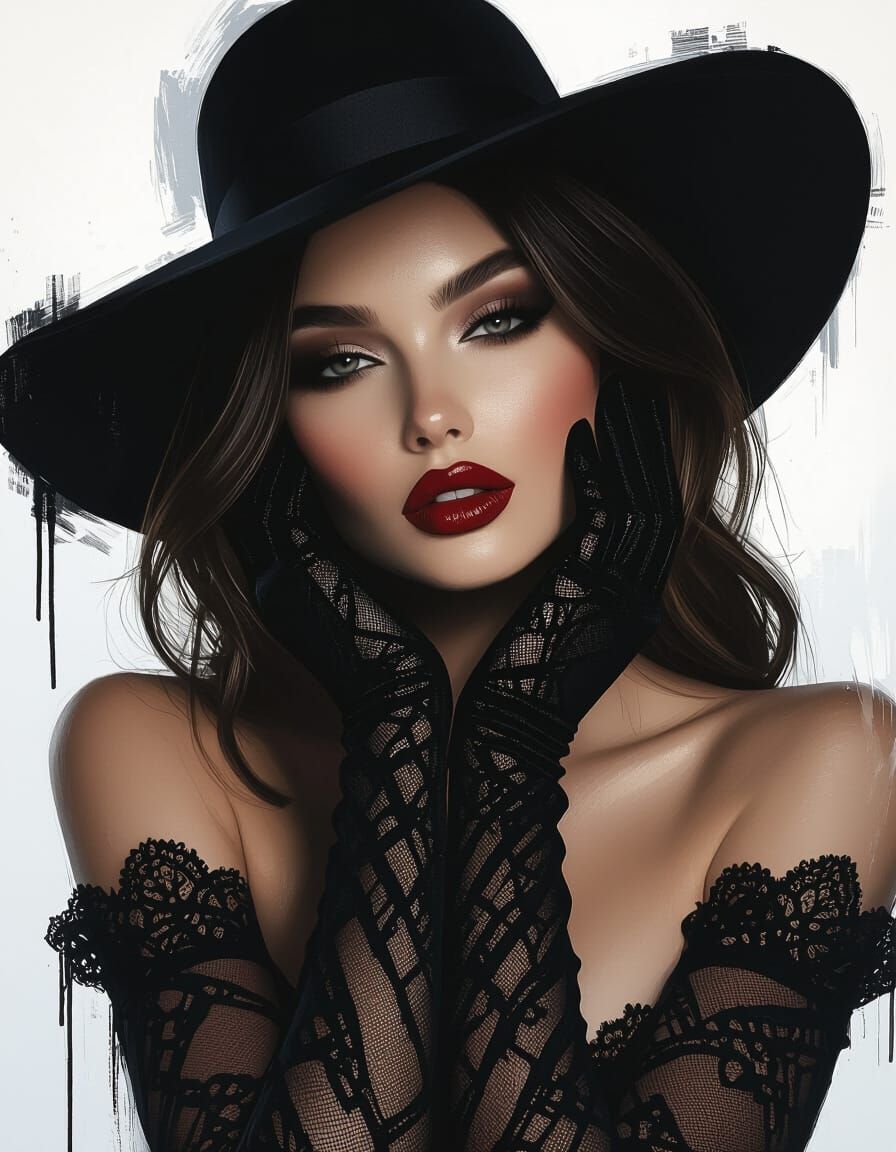 Brunette in Black Hat: Dramatic Black and White Rendering
