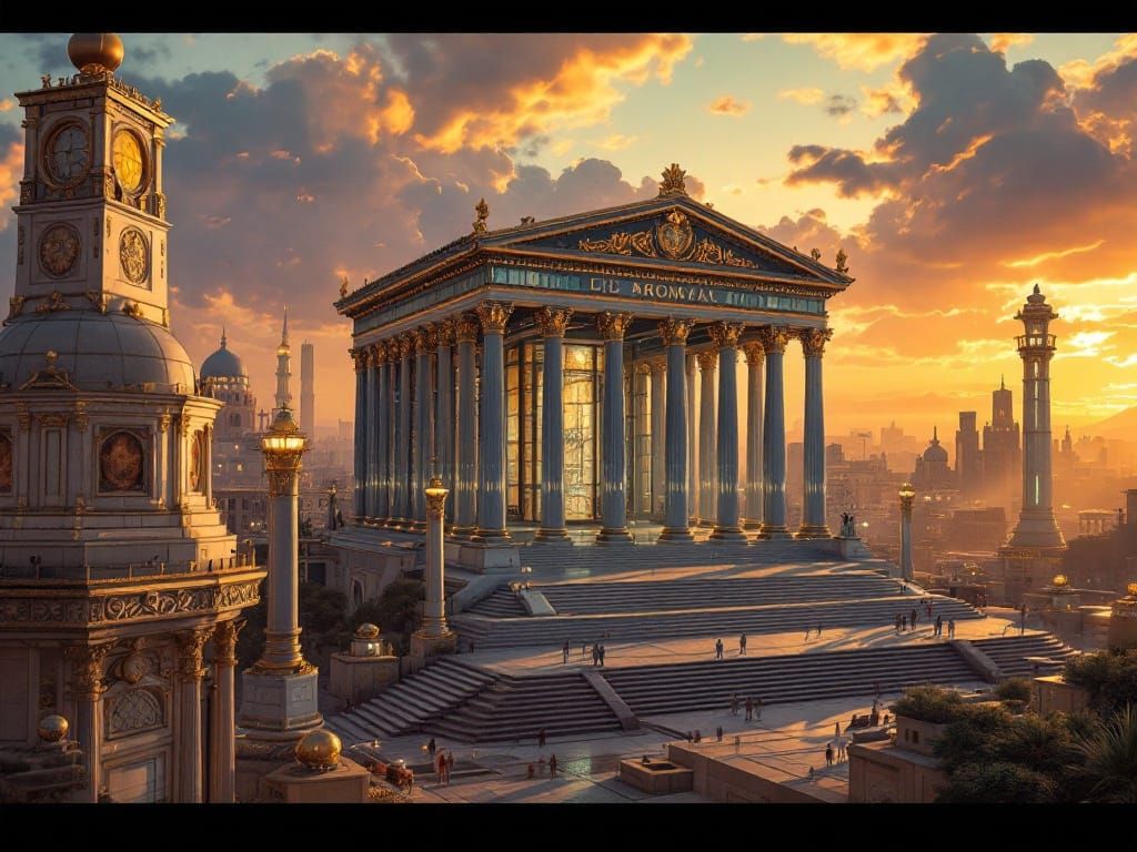 Ethereal Futuristic Roman Temple Shines in Golden Light