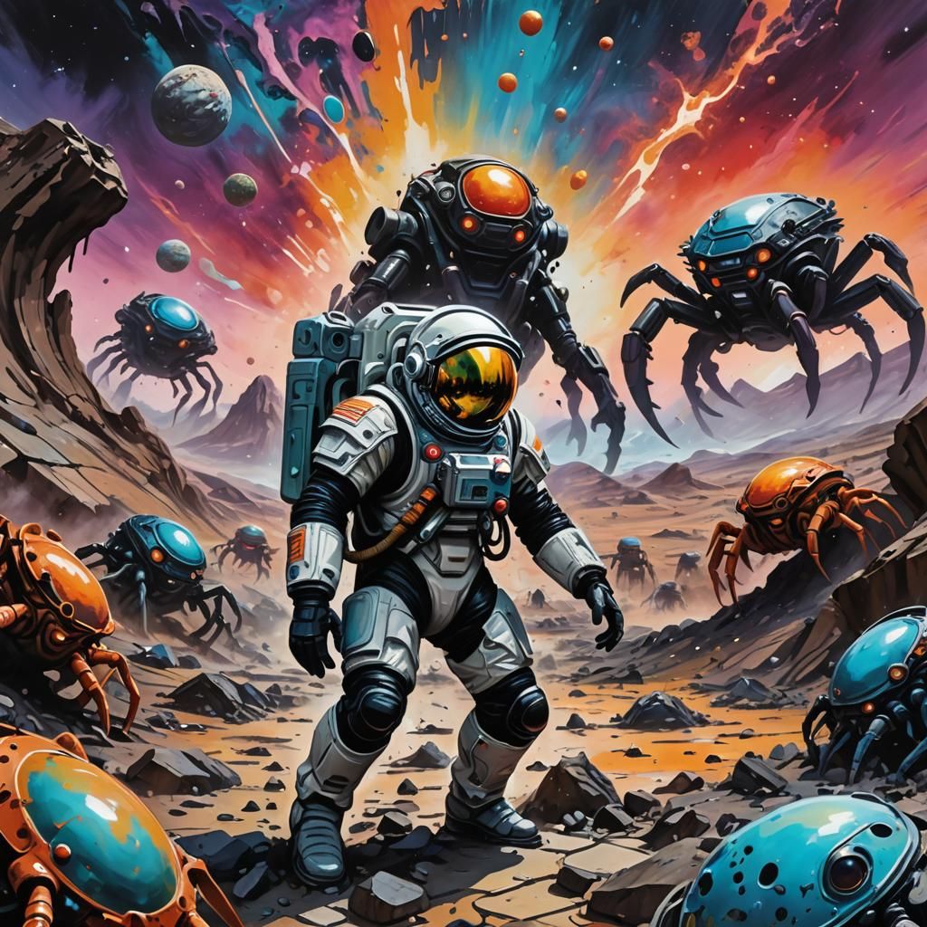 Astronaut Confronts Crab Aliens in Futuristic Graffiti Art