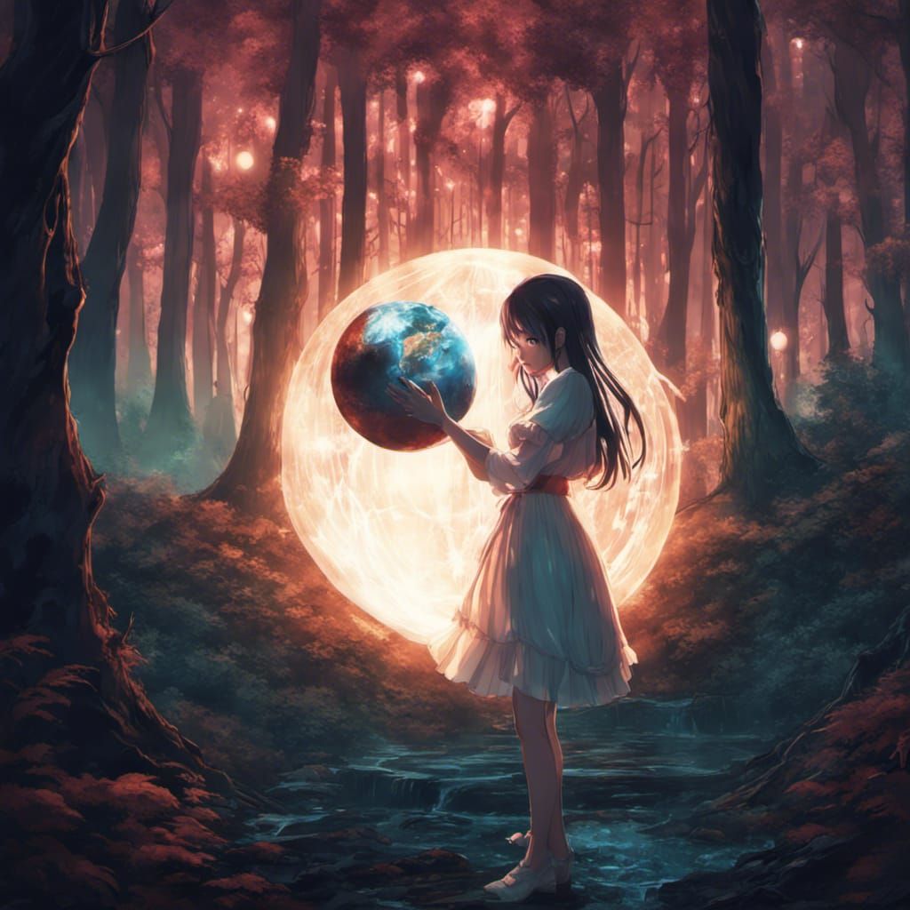 Anime Girl Holds Globe in Dark Forest