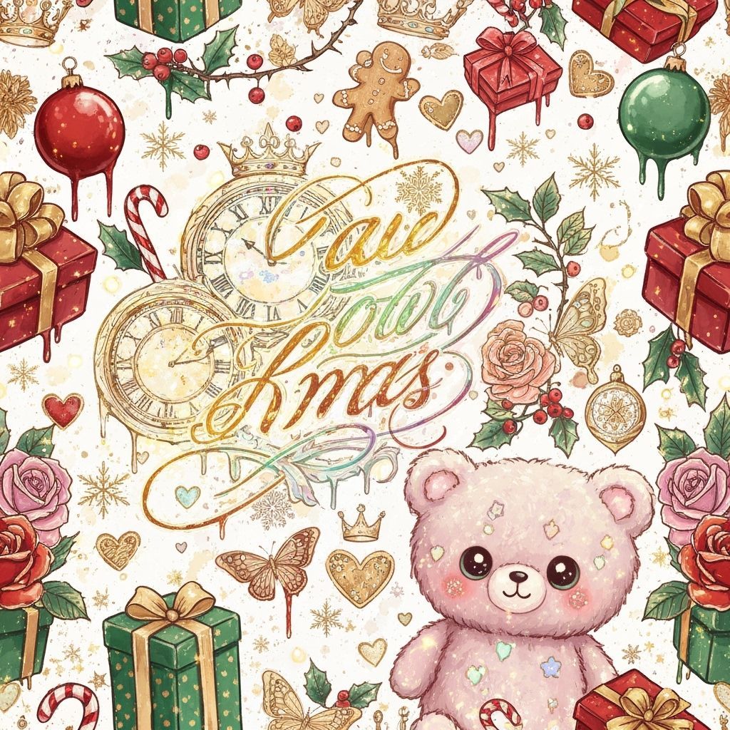 Kawaii Christmas Pattern with Gothic Calligraphy
