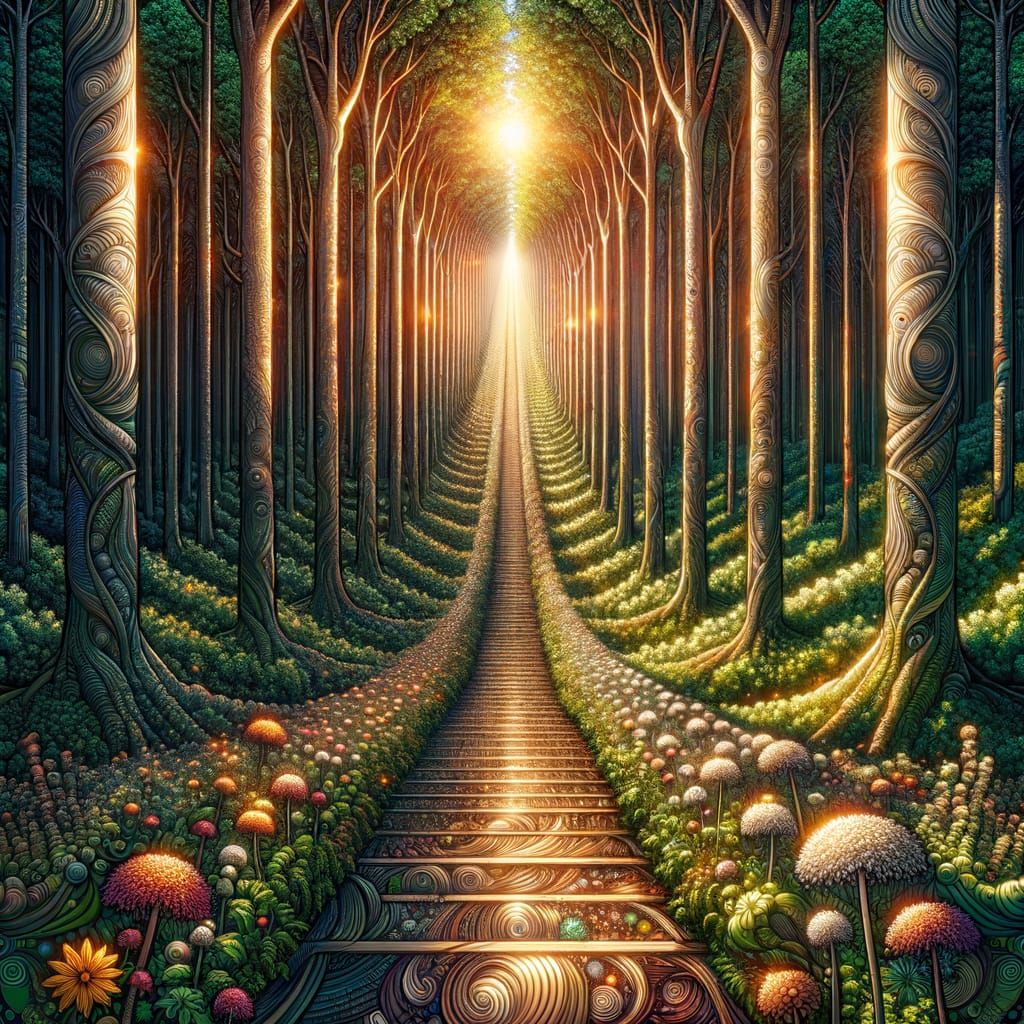 Radiant Forest Pathway Ascends to Epic Sunlit Summit