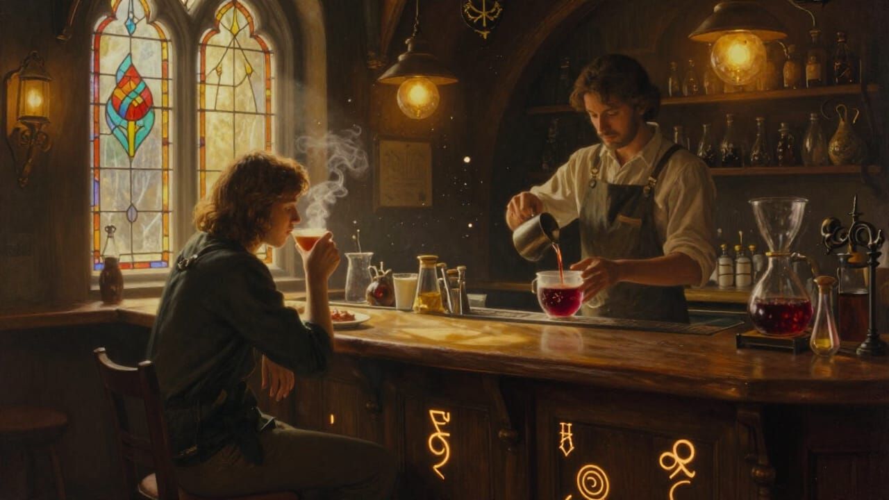 Magical Cafe Scene: Tranquil Fantasy Realm