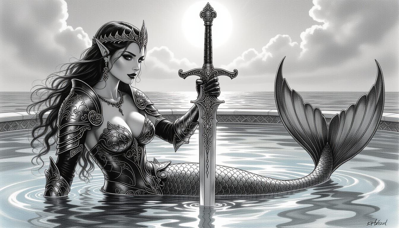 Armored Mermaid Holds Sword for Vampire Knight in Charcoal D...