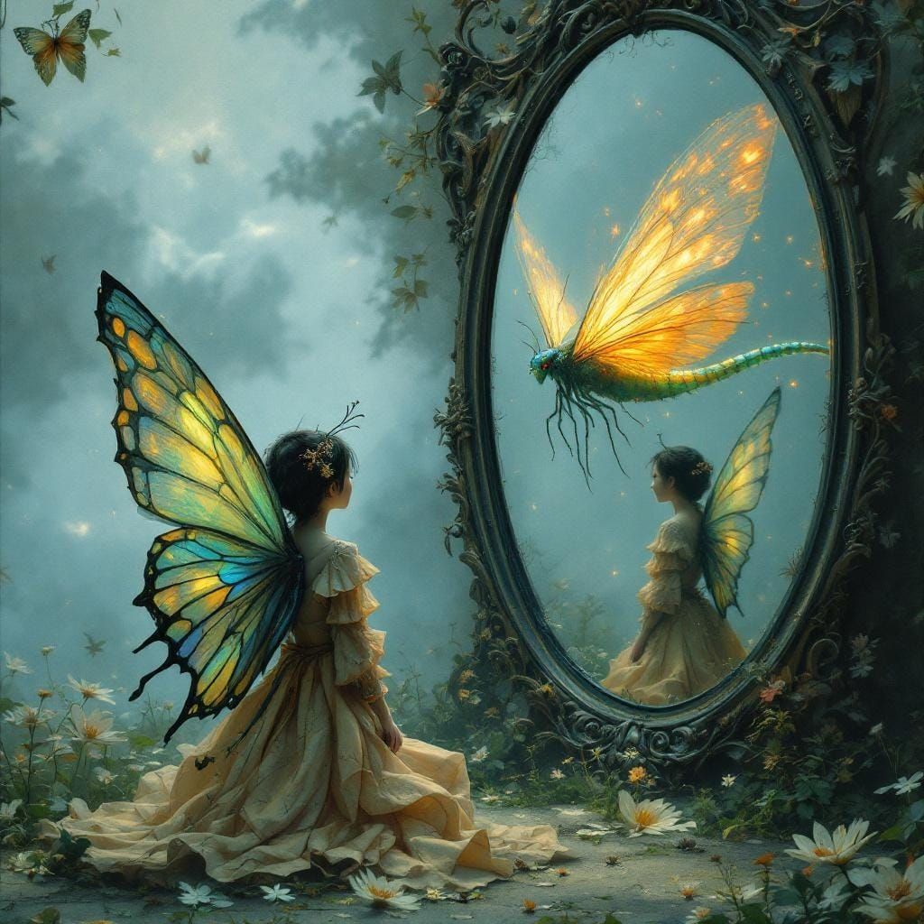 Butterfly Sees Dragonfly Reflection in Ornate Mirror