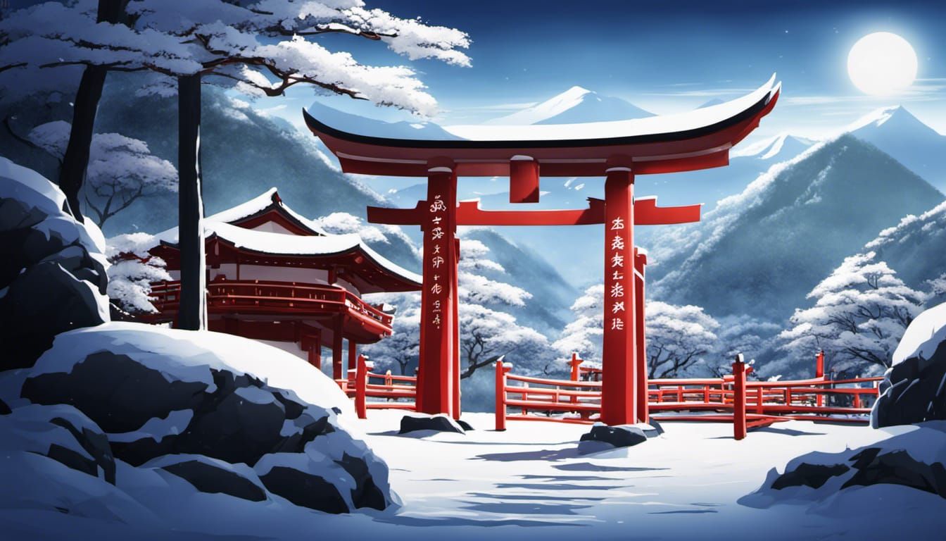 Anime Shinto Shrine with Fox in Snowy Forest