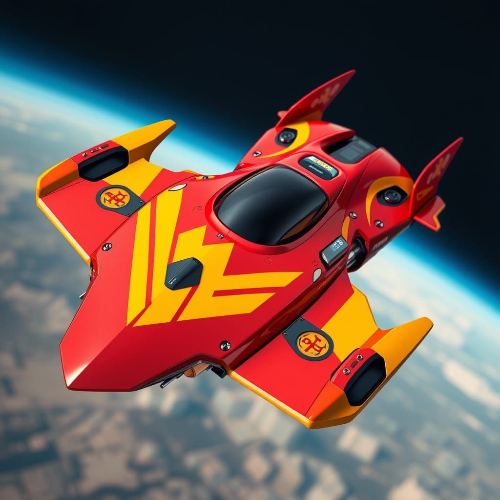 Futuristic Cyber-Flyer Hover-Speeder in Red and Yellow
