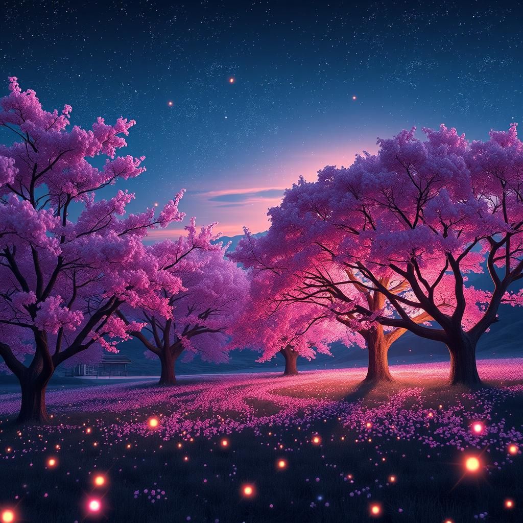 Japanese Cherry Blossoms and Fireflies at Dusk