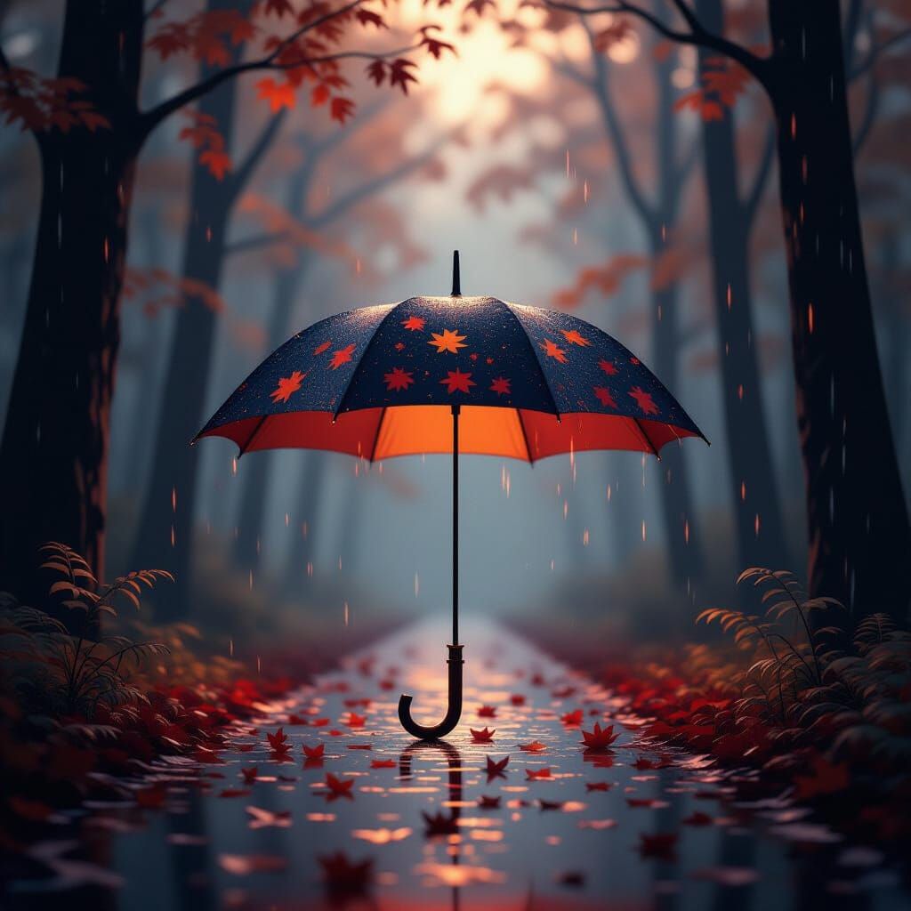 The silence of the autumn forest is decorated with an umbrel...