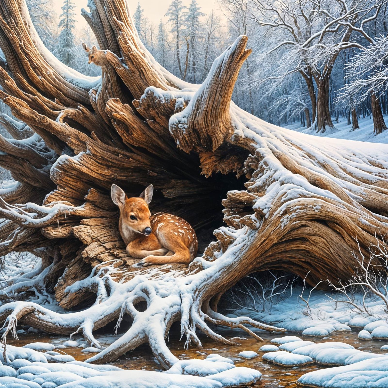 Winter Oil Painting: Fawn in a Hollow Tree
