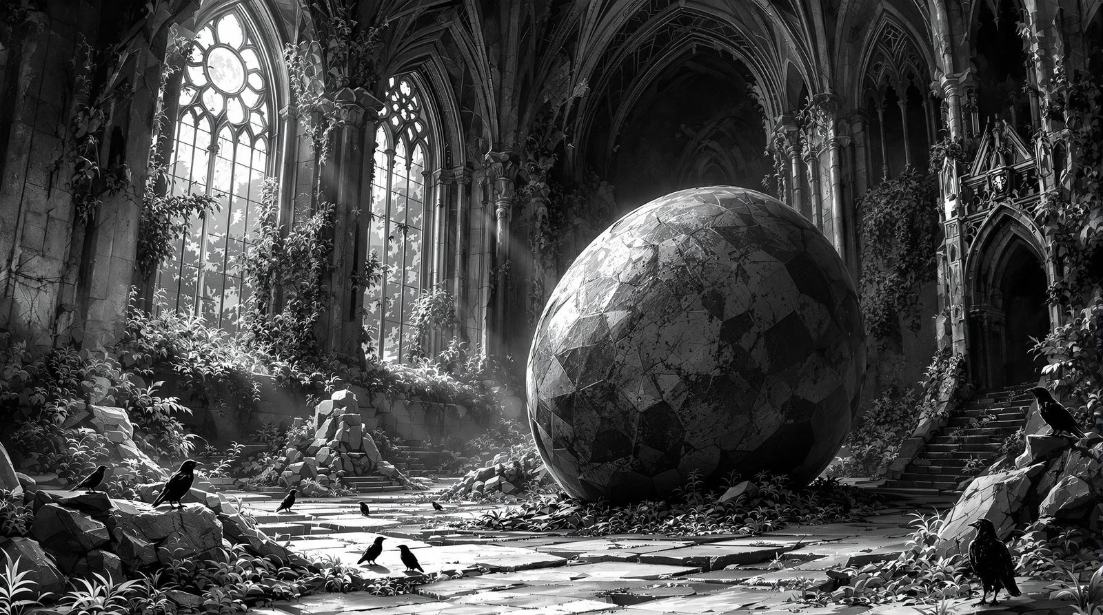 Monochrome Dragon Egg in Gothic Cathedral