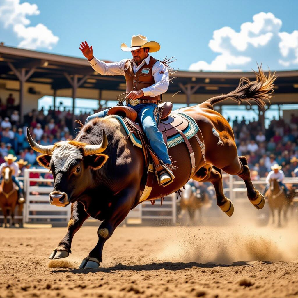 Cowboy Rides Airborne Brahma Bull in Summer Rodeo