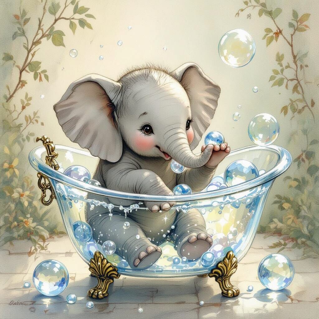 Baby Elephant's Whimsical Bath in Glass Tub