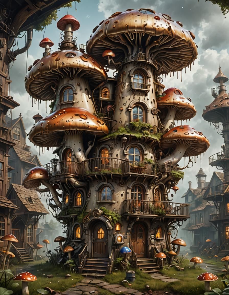 Steampunk Mushroom House in Oil Painting Style