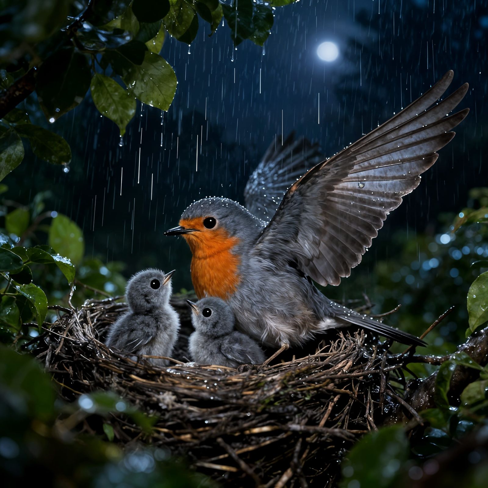 Mother Bird Protects Chicks in Rainy Nest