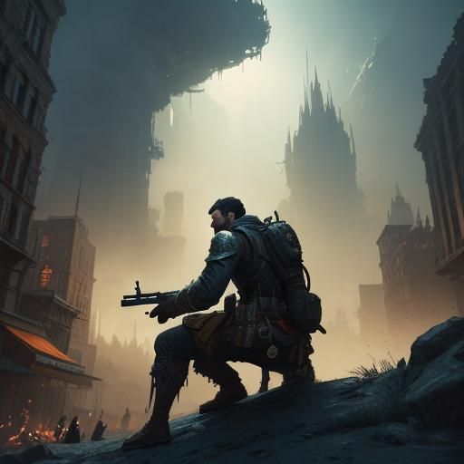 Cinematic Man Aims Gun at Cat in Ornate Cityscape