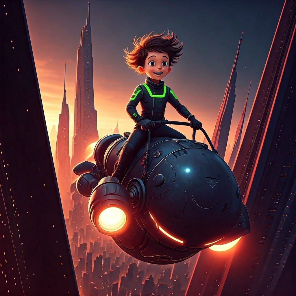 Boy Rides Robot in Futuristic City, Erte Style