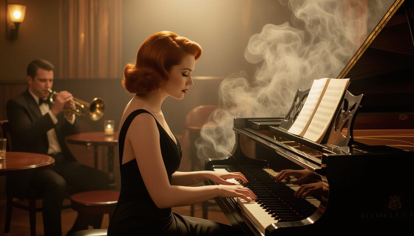 Jazz Club Piano Player in Film Noir Style