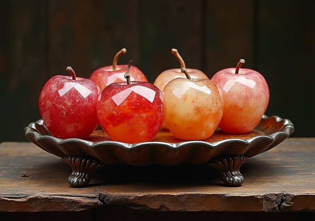 Glistening Quartz Apples on Baroque Wooden Tray