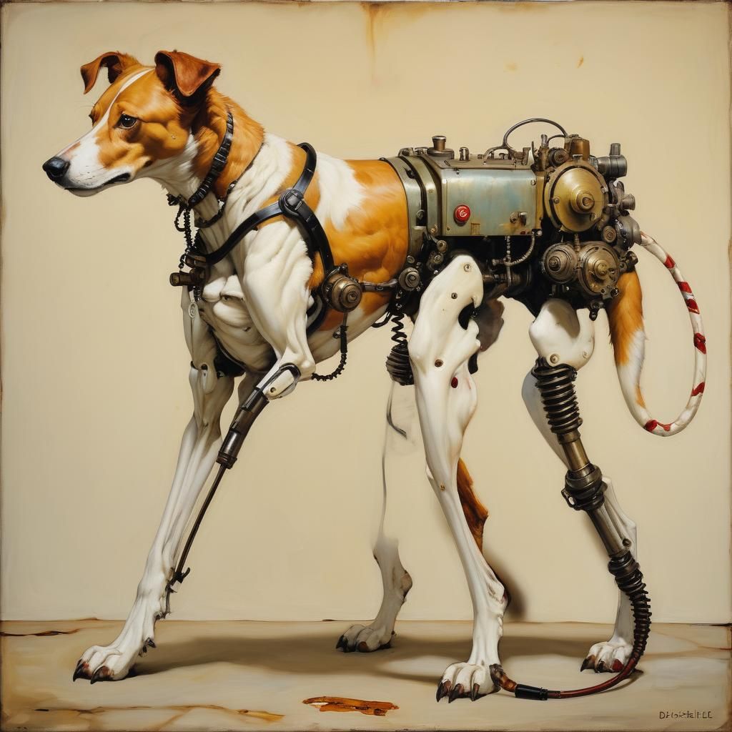 Dog with Mechanical Tail in Dieselpunk Style